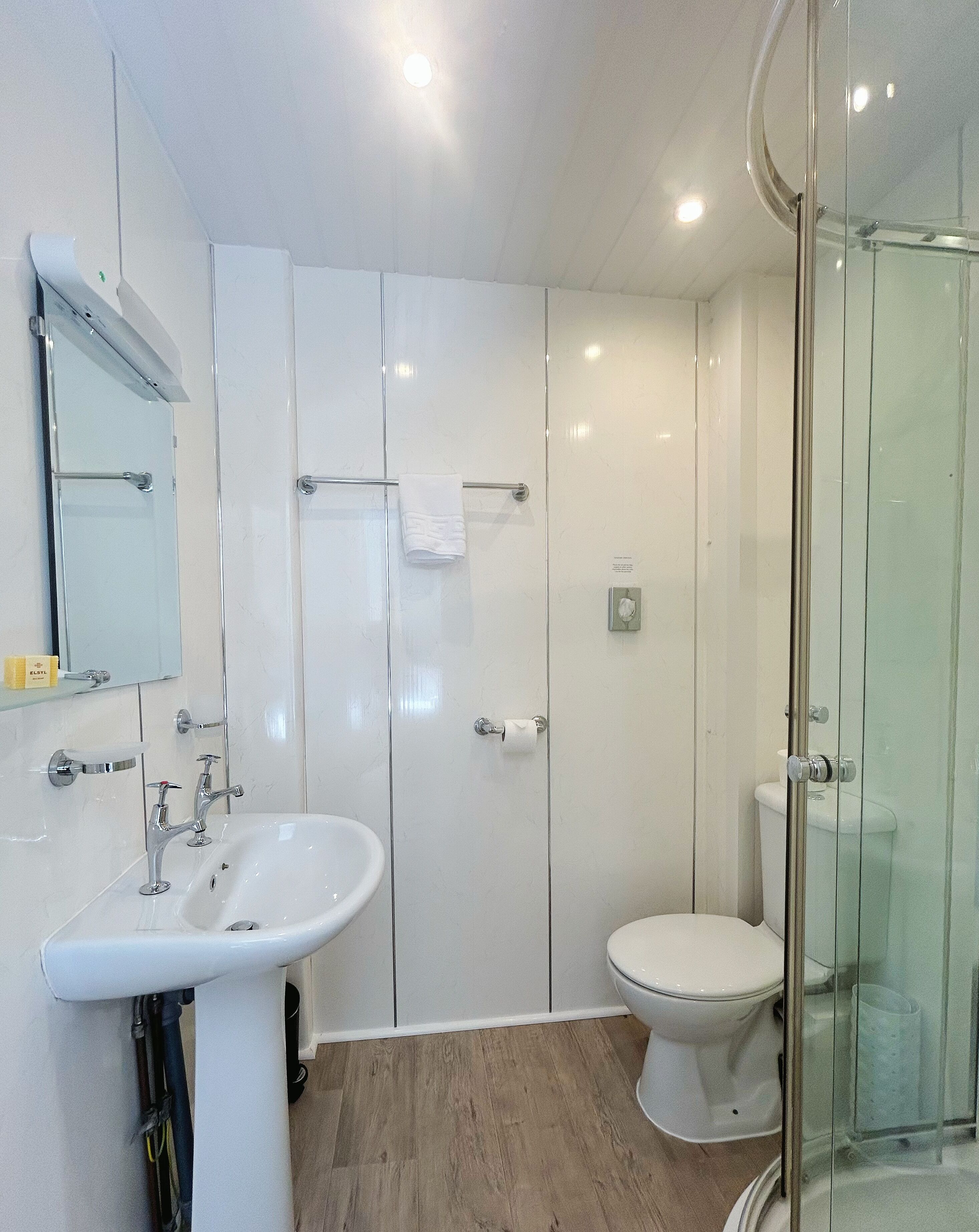 A modern bathroom with a glass shower enclosure, a white sink, and a toilet.