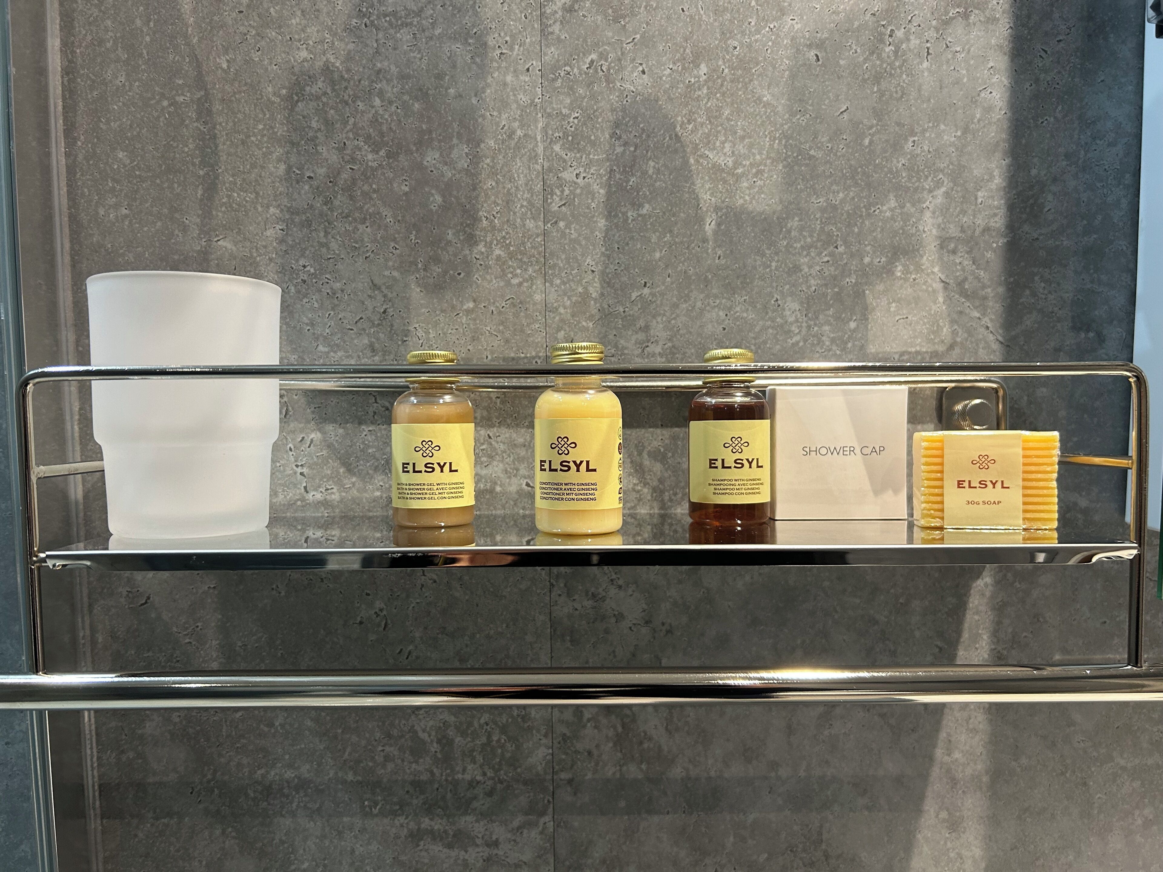 A bathroom shelf with various toiletries including a shower cap, bottles of ELSYL products, and a bar of soap.