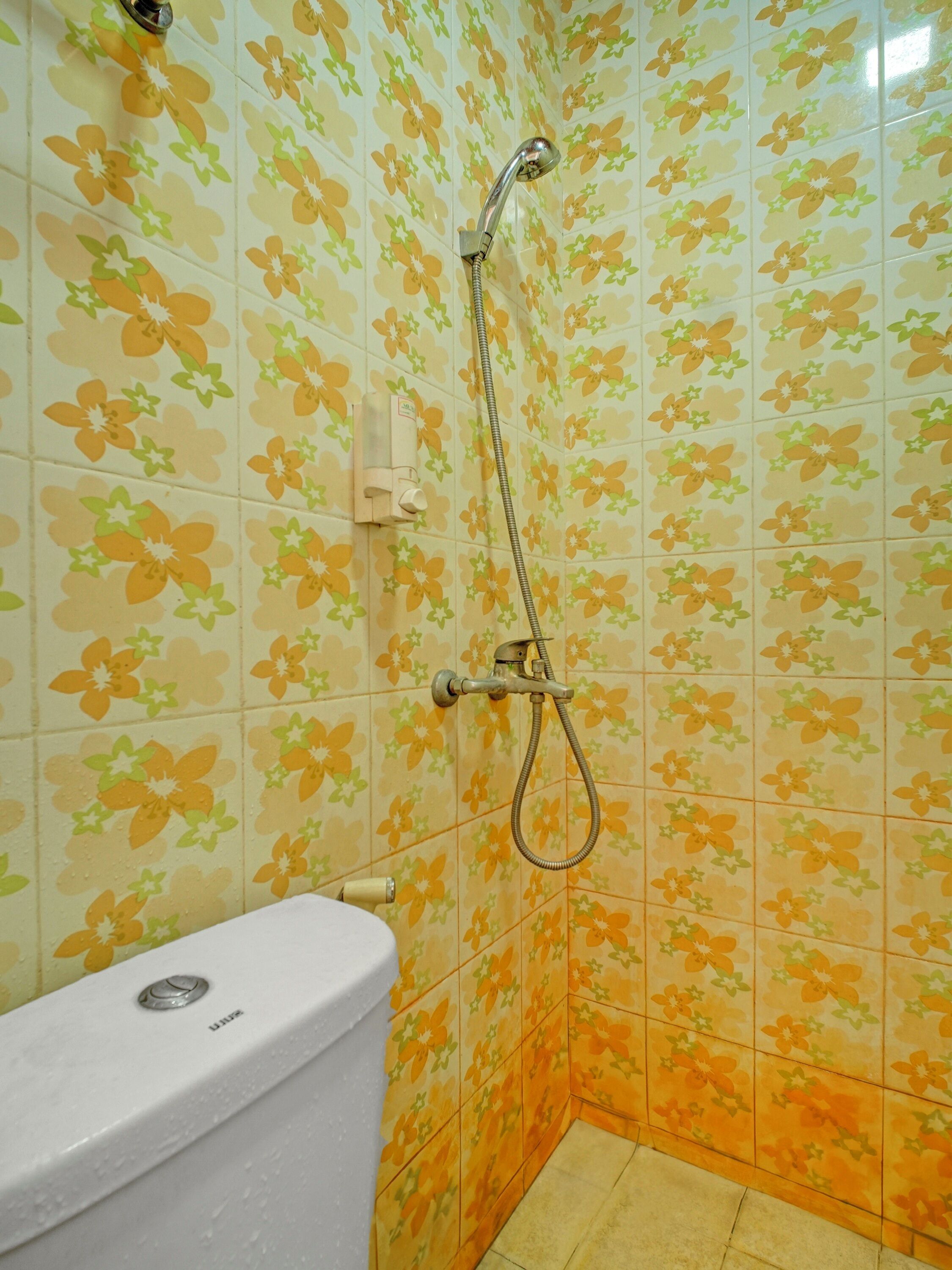 A bathroom with floral patterned tiles, a showerhead, and a toilet.