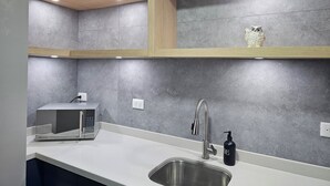 A modern kitchen with a stainless steel sink, a microwave, and a wooden shelf with a decorative owl. - Loft en Barrio Vergel (Monterrey)