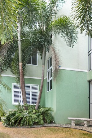 A building with a green exterior, white window frames, and a white bench in front. - Chic Haven Studio in Kingston (Kingston)