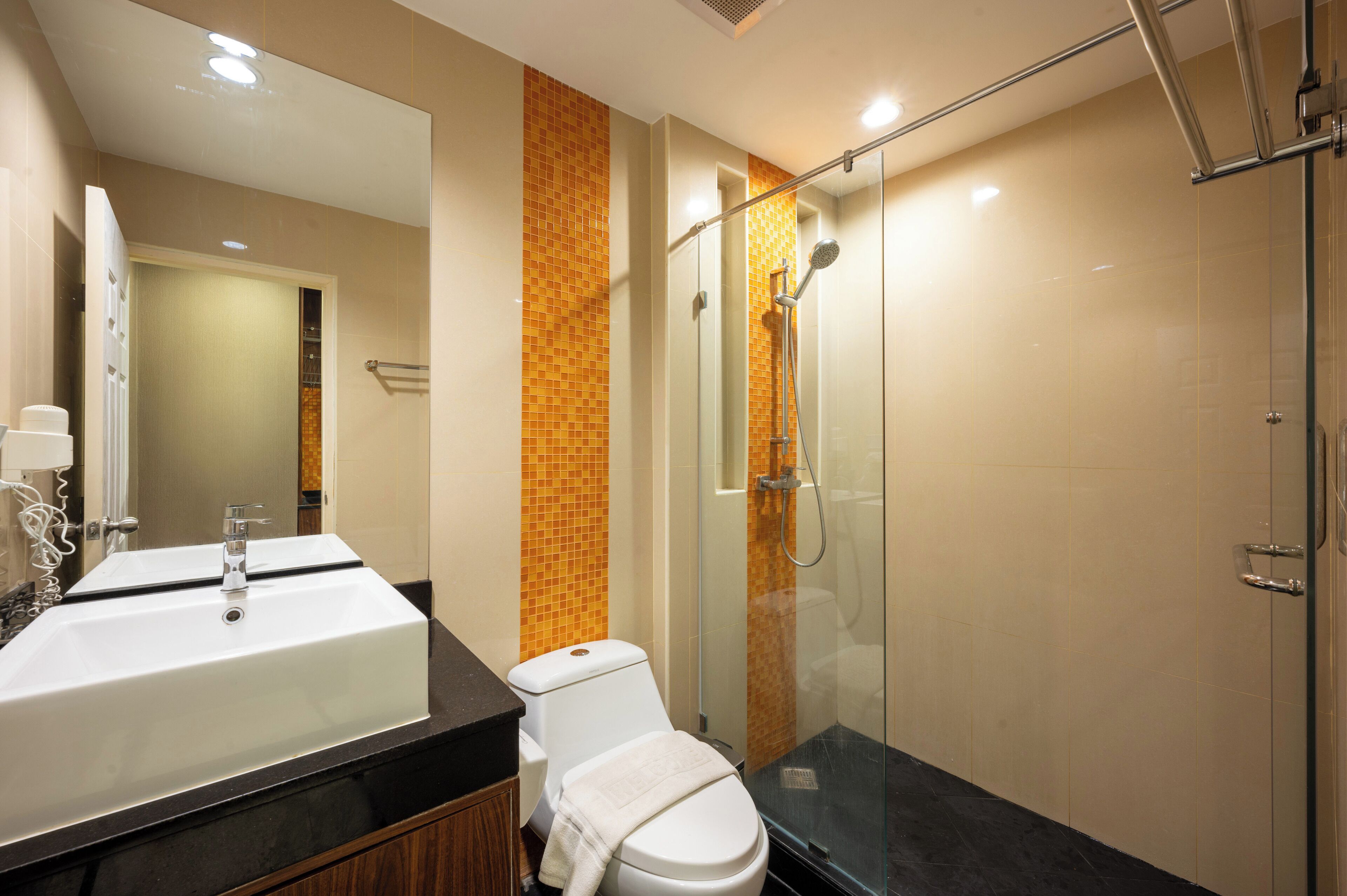 A modern bathroom with a large sink, toilet, and glass-enclosed shower.