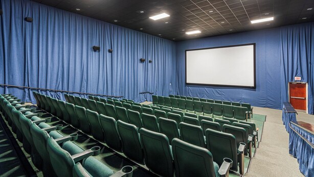 A movie theater with rows of green seats, a large screen, and blue curtains.