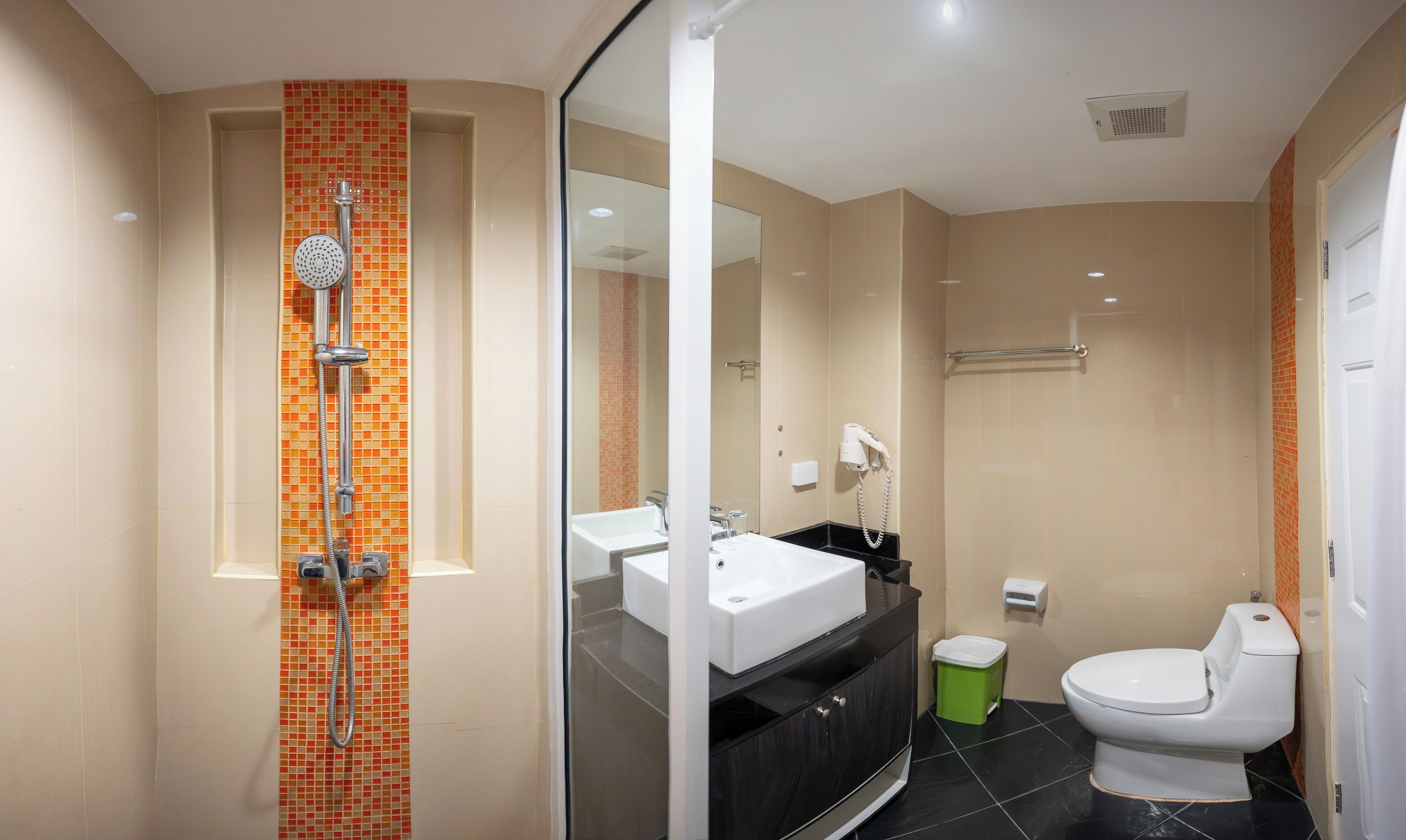 A modern bathroom with a glass-enclosed shower, a sink, a toilet, and a towel rack.