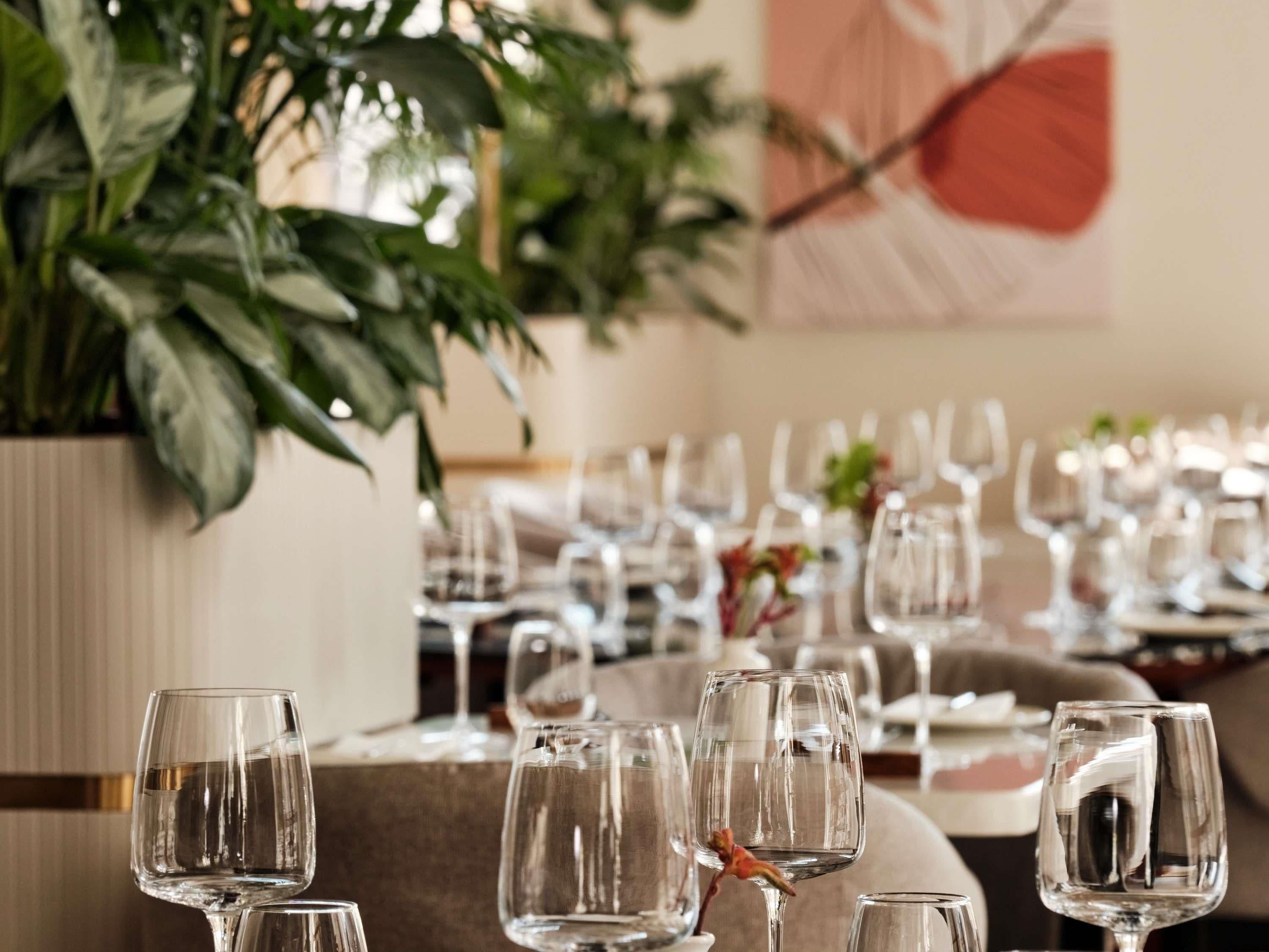 A dining area with tables set for a meal, clear glassware, and a large potted plant in the background.