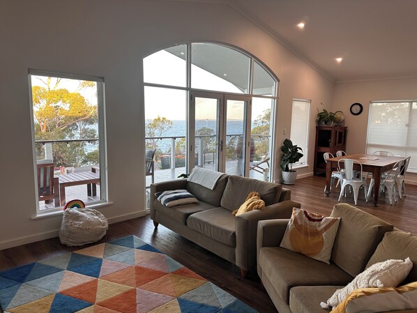 Smart TV, fireplace, DVD player, books