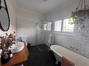 Shower, towels, soap, toilet paper