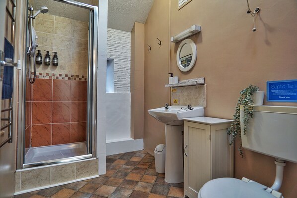 A bathroom with a glass-enclosed shower, a sink, a toilet, and a mirror. - 1 Bed 17th Century Stone Cottage in Rural Devon (Holsworthy)