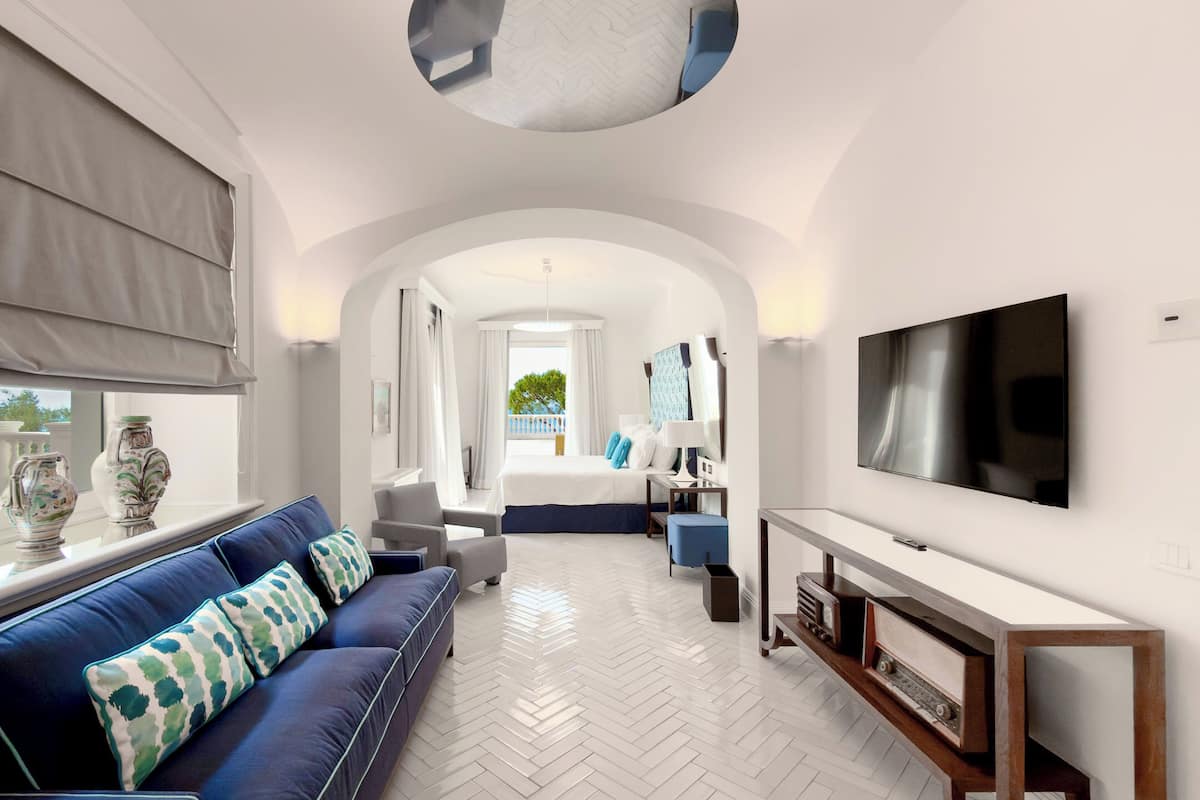 A modern hotel room with a sofa, TV, and a view of the outdoors.