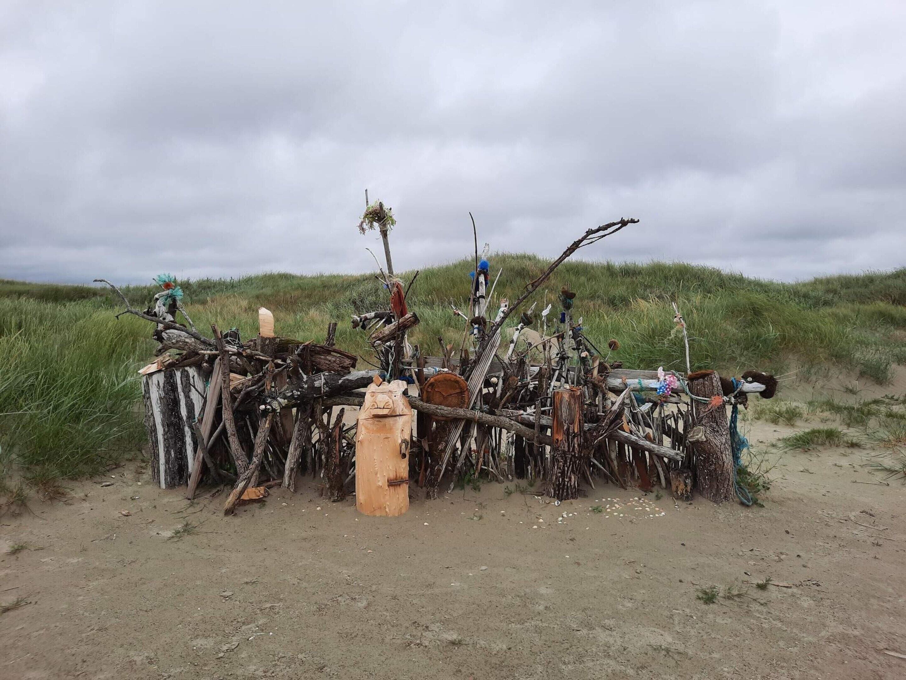 A cluttered outdoor area with various objects and debris, including a wooden structure and branches, set against a grassy dune background.