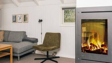 A cozy living room with a grey sofa, a green armchair, and a fireplace.