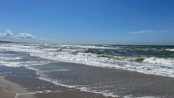 A beach with waves approaching the shore.