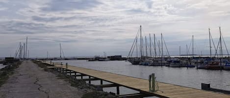 A marina with boats docked, a wooden pier, and a rocky shoreline.