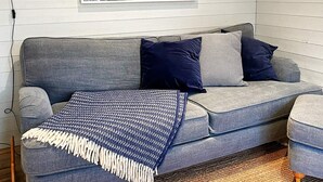 A grey sofa with a blue and white woven throw blanket, two dark blue pillows, and a poster on the wall. - 4 Star Holiday Home in Farhult (Hoganas)