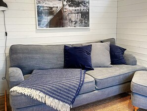 A grey sofa with a blue and white woven throw blanket, two dark blue pillows, and a poster on the wall. - 4 Star Holiday Home in Farhult (Hoganas)