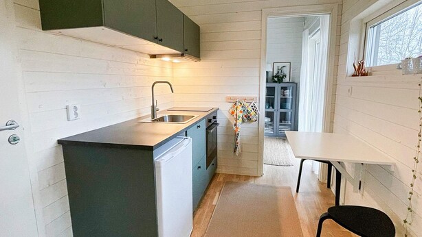 A compact kitchen with a built-in dishwasher, a small island, and a window overlooking a garden. - 4 Star Holiday Home in Farhult (Hoganas)