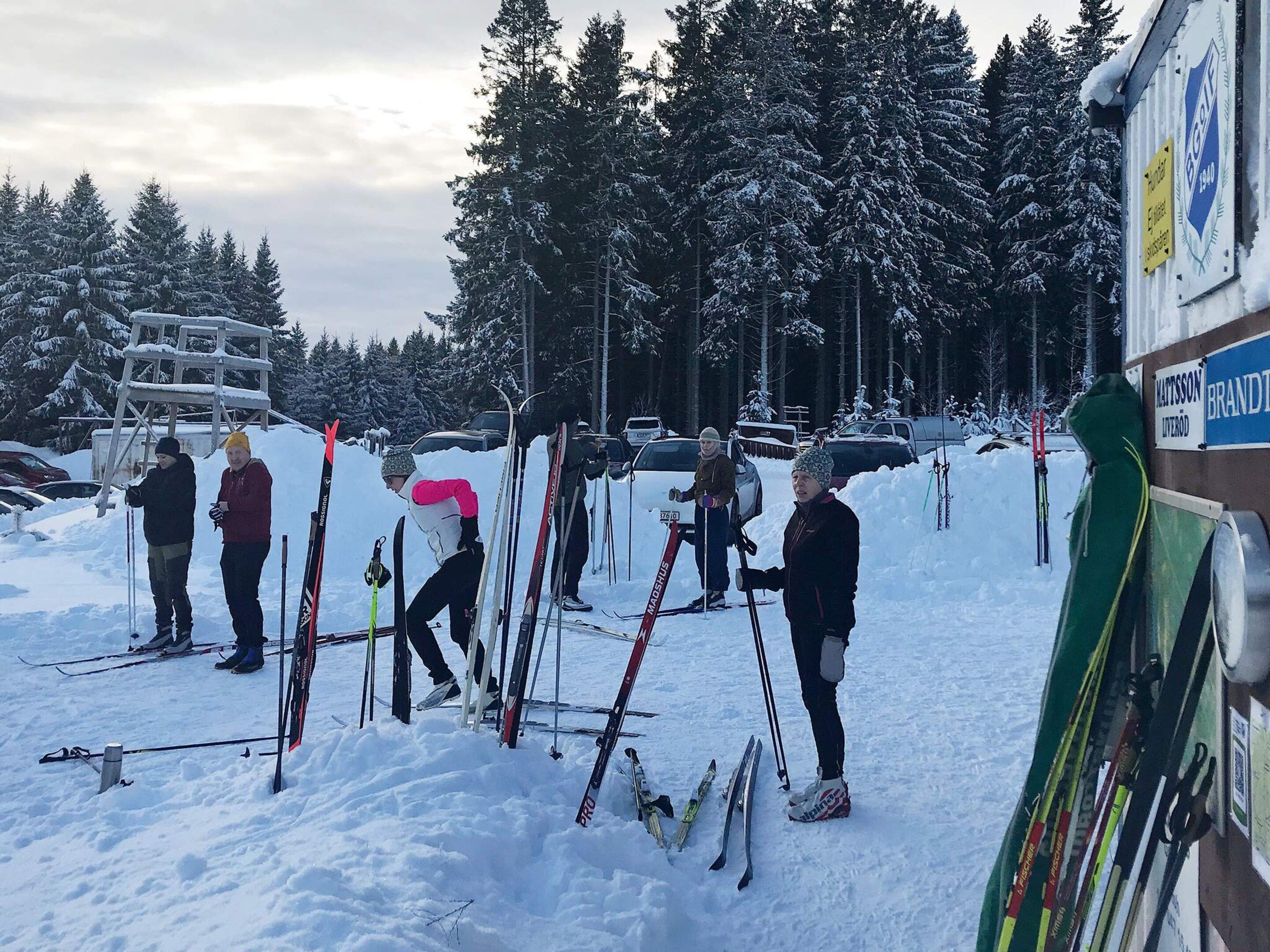 A group of people with skis and poles in a snowy outdoor setting.