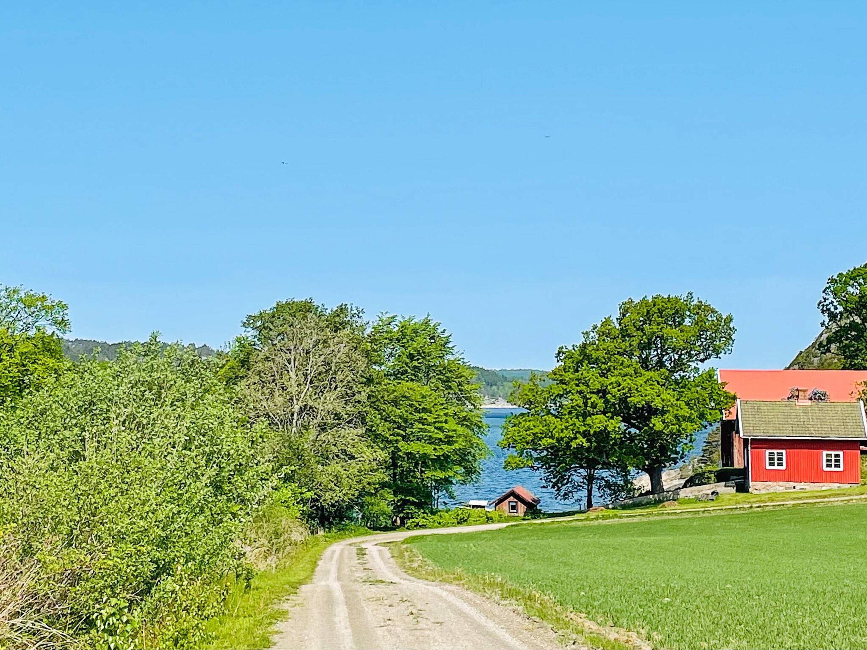 Een landweg die naar een rode woning leidt, met uitzicht op een meer.