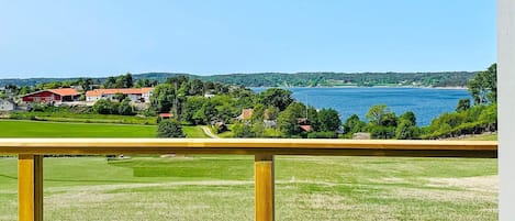 A view from a balcony with a wooden railing, overlooking a body of water, green fields, and a few buildings in the distance.