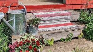 A wooden porch with a metal watering can, a potted plant, and a striped rug. - 4 Person Holiday Home in Axvall-by Traum (Axvall)