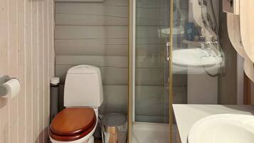 A compact bathroom with a toilet, a trash bin, a glass-enclosed shower, and a sink.