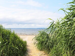 A wooden pathway leading to a beach with tall grass on either side. - 5 Star Holiday Home in Forslov (Förslöv)