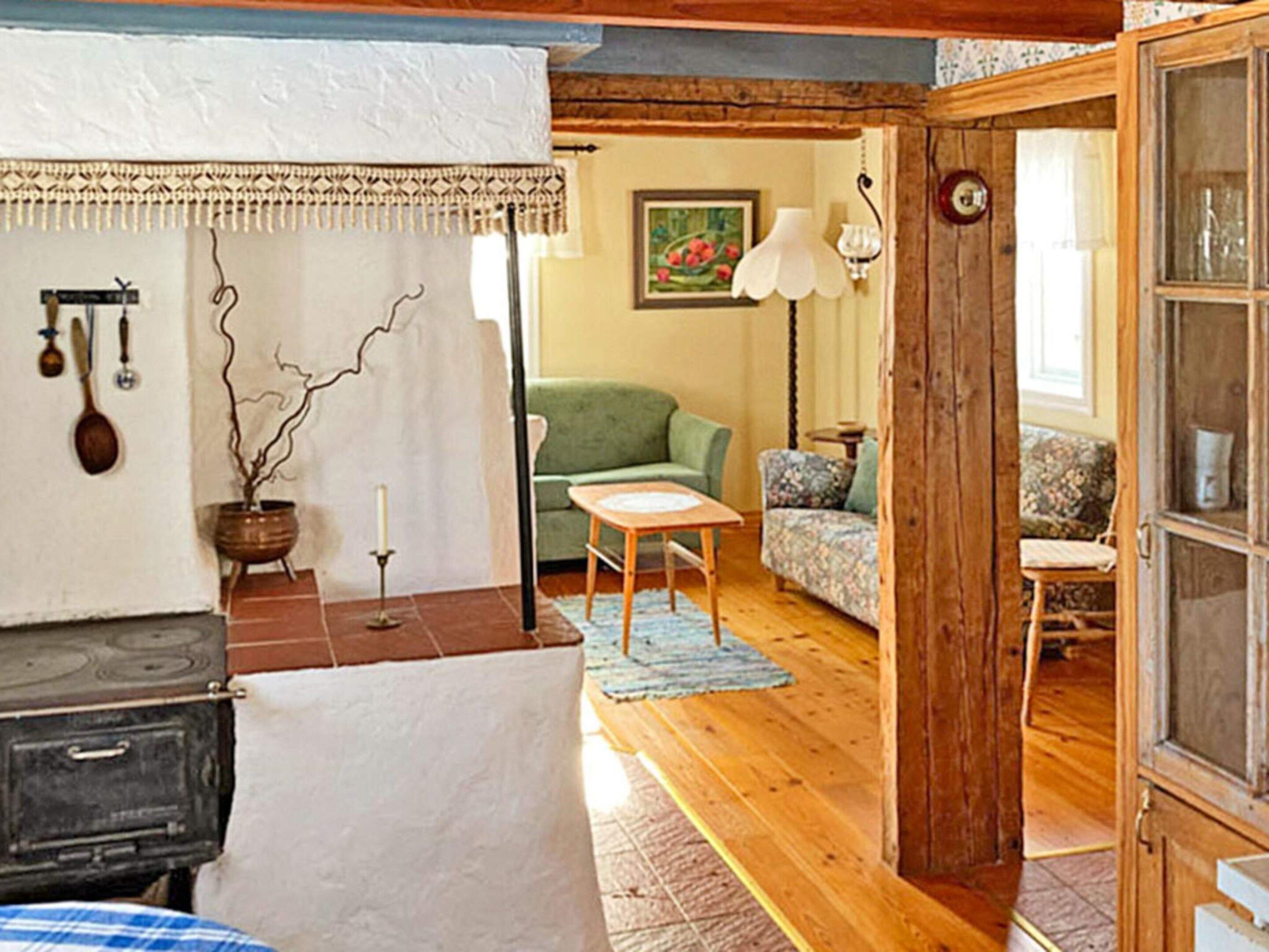 A cozy room with a wooden stove, a green sofa, a small table, and a patterned rug.