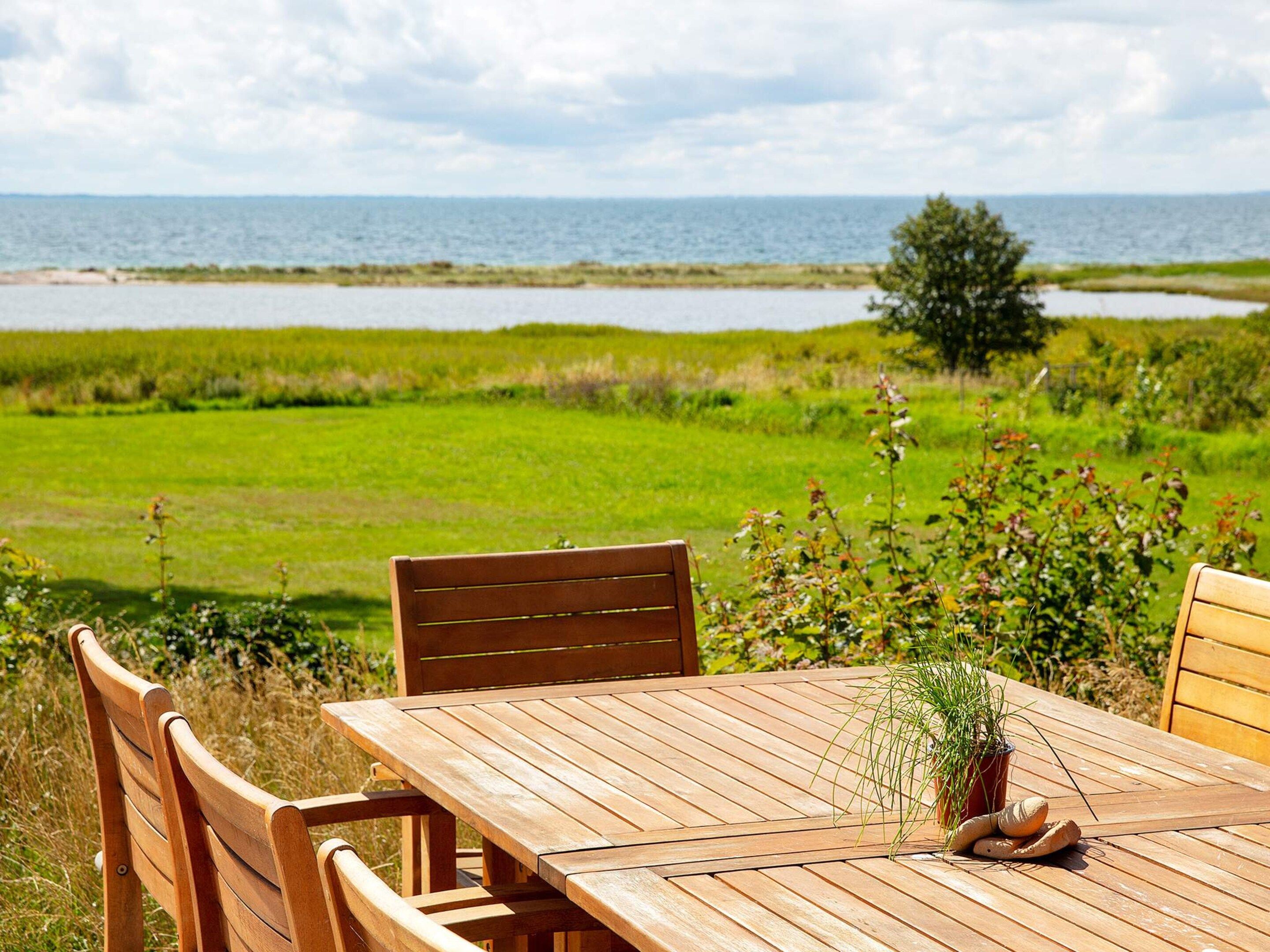 A wooden table with chairs, a potted plant, and bread on it, overlooking a grassy field and a body of water.
