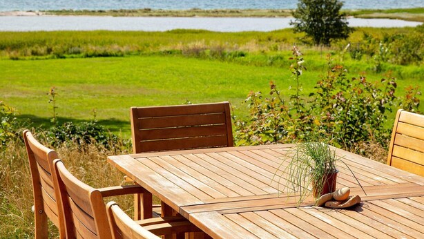 A wooden table with chairs, a potted plant, and bread on it, overlooking a grassy field and a body of water. - 10 Person Holiday Home in Assens (Assens)
