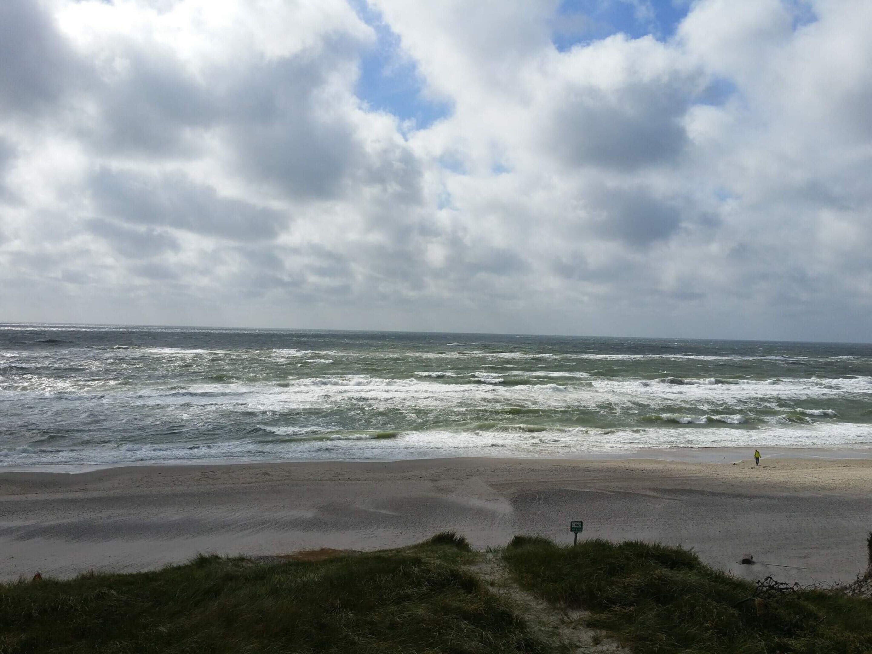 Ein Strand mit aufgewühlten Wellen und bewölktem Himmel.