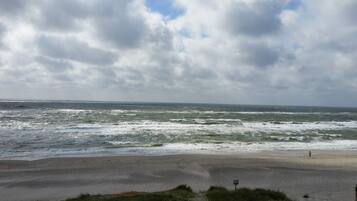 Ein Strand mit aufgewühlten Wellen und bewölktem Himmel.