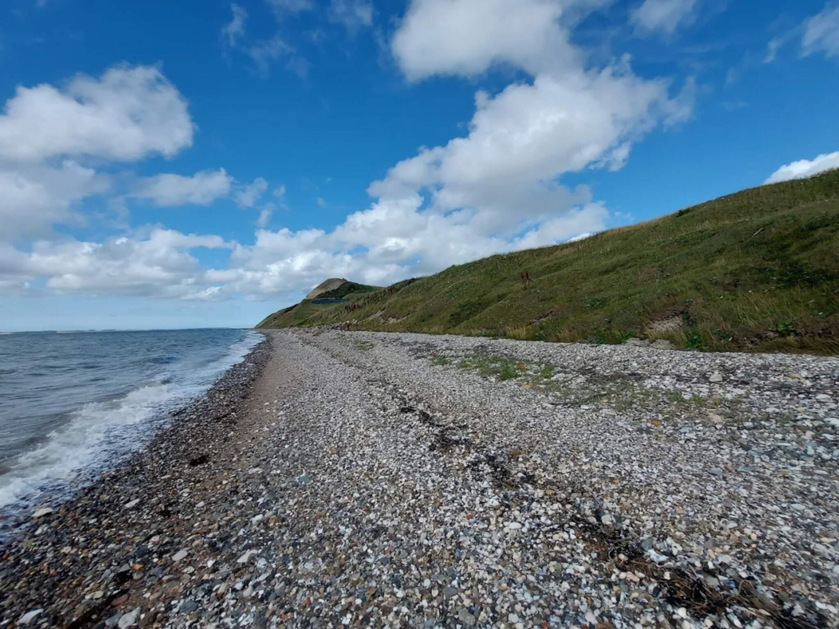 A pebbled beach with a grassy hill and a clear sky.
