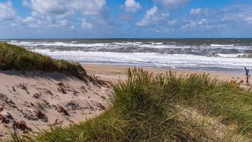 A beach with waves, grassy dunes, and wind turbines in the distance.