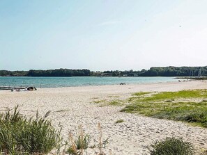 A beach with a dock, grassy areas, and a calm body of water.