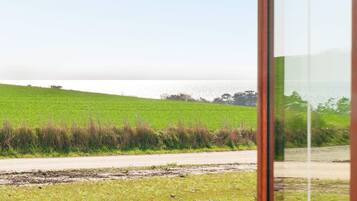 A view of a green field with a dirt path leading to a body of water, viewed through a window with a wooden frame.