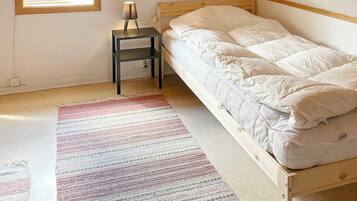 A single bed with white bedding in a room with a sloped ceiling, a small bedside table with a lamp, and a colorful striped rug.