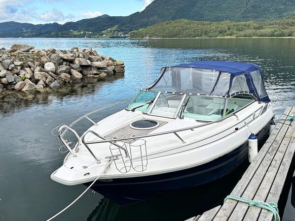 Una pequeña embarcación motorizada amarrada a un muelle de madera, con una costa rocosa y montañas al fondo.