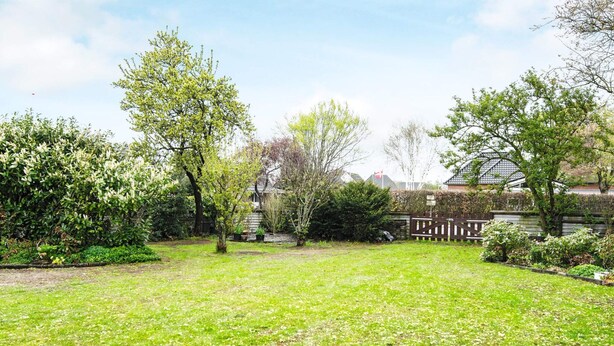 A well-maintained garden with a variety of trees and shrubs, a clear sky, and a wooden fence in the background. - 6 Person Holiday Home in Skaerbaek-by Traum (Skaerbaek)