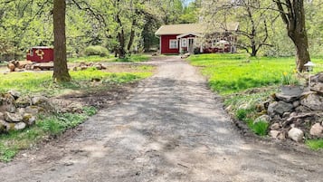 Propiedad rural con camino de grava que conduce a una casa roja rodeada de árboles y vegetación.