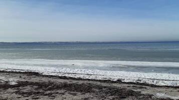 Una playa con hielo en la orilla, cielo despejado y una costa distante.