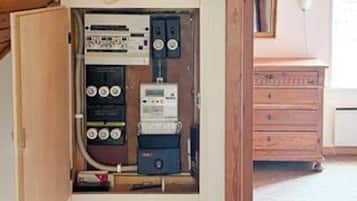 An electrical panel with various switches and meters, a wooden cabinet, and a white appliance in the background.