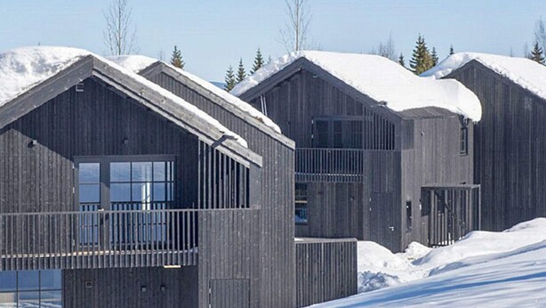Une rangée de chalets en bois dotés de grandes fenêtres et de balcons, entourés de neige.
