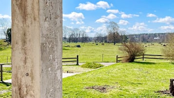 A rural landscape with a wooden fence, a grassy field, and a clear sky.
