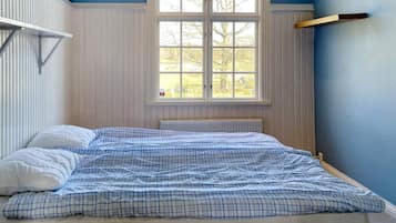 A bedroom with a bed, a window, and a radiator.