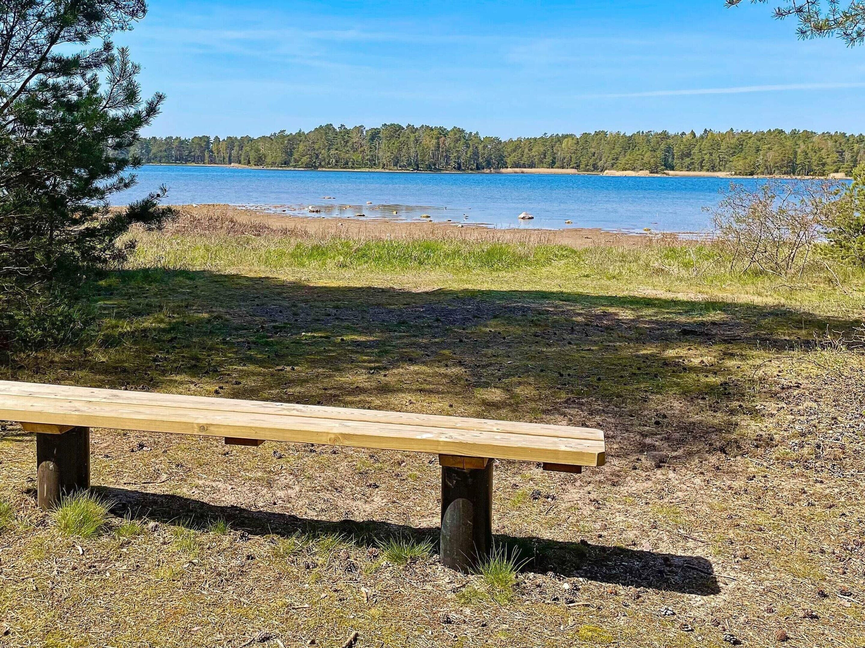 Un banc en bois donnant sur un lac, dont les rives sont bordées d’une forêt.