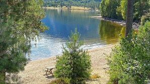 A lakeside view with a picnic table and dense forest. - 10 Person Holiday Home in Treungen-by Traum (Nissedal)