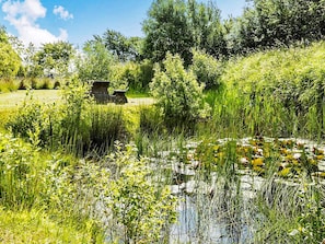 A pond surrounded by lush greenery and a stone structure in the center. - 14 Person Holiday Home in Ronne (Akirkeby)