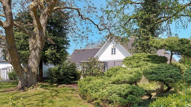 A residential property with a well-maintained lawn, mature trees, and a house with a sloped roof. - 14 Person Holiday Home in Ronne (Akirkeby)
