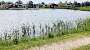 A lake with houses in the background. - 6 Person Holiday Home in Vaeggerlose (Vaeggerlose)