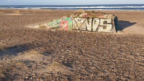 Une plage avec un rocher couvert de graffitis.